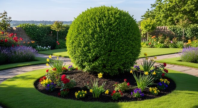 Vibrant garden flowers surround lush green topiary bush in blooming landscape design