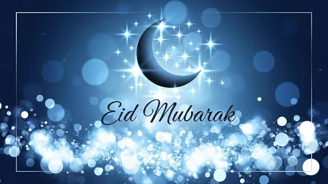 Crescent Moon with Stars and Bokeh Lights for Eid Mubarak Greeting Celebration
