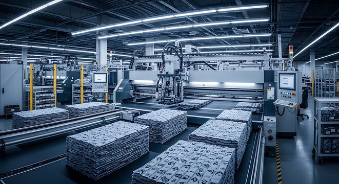 automated textile cutting machine processing fabric stacks on a modern factory production line illustrating high-tech industrial manufacturing efficiency.