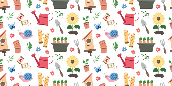 Seamless gardening pattern with watering can sunflower carrots potted plants gloves trowel fork seed packets birdhouse butterfly and snail