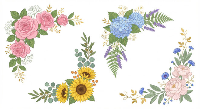 Collection of Elegant Vector Floral Corner Borders and Frames Featuring Roses, Sunflowers, Hydrangeas, and Peonies for Decorative Design Elements