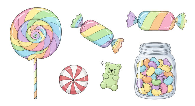 Colorful assortment of whimsical candy and treats in a playful illustration