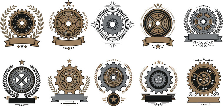 Vintage gear badge emblems vector set mechanical cog logos with ribbons laurel wreath industrial engineering labels illustration collection isolated background