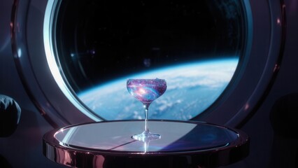 Fototapeta premium Iridescent cocktail glass resting on reflective surface inside space station with Earth and stars through porthole
