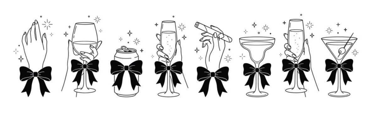 Hands holding wine glasses, champagne flutes, a beverage can, and a cigar with black bows, celebration elements on a plain white background