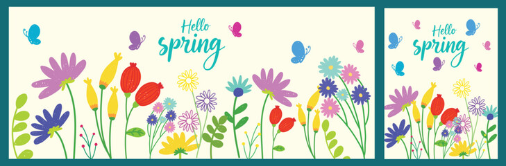 Hello Spring banner and poster vector set with colorful flowers, butterflies and fresh botanical element. Bright floral seasonal design with modern typography perfect for greeting cards, social media. © Jonal