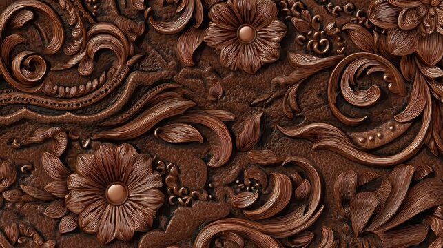 Embossed leather texture with floral and western motifs, seamless pattern for upholstery, fashion accessories, or rustic decor.