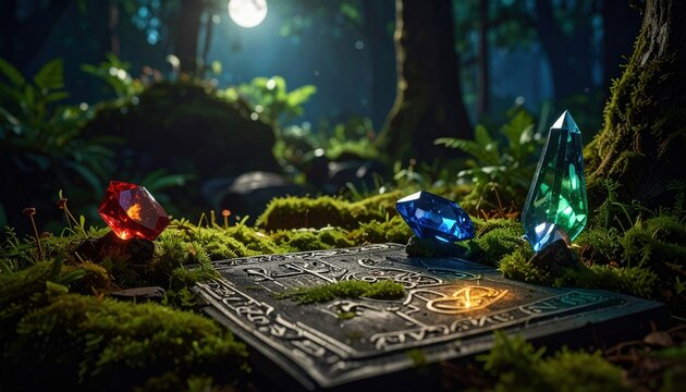 Enchanting fantasy artifact collection, glowing gems and ancient lore book on mossy forest floor