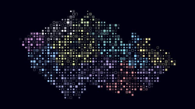 Czechia map animation. Shape of the country with pulsating colored dots. Small size rounded square blocks. Digital style Czechia map on dark background. Amazing video.