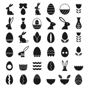 Easter icons, rabbit, bunny, egg, decorated egg, tulip, basket, chick, carrot, leaf, flower, silhouette, vector, illustration, black, white, minimalist, flat, spring, holiday, festive, seasonal, logo,