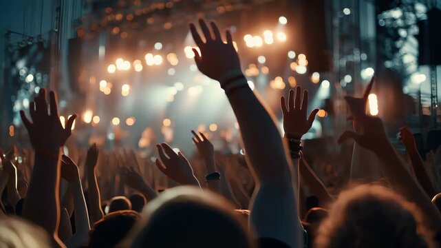 Crowd raises hands at music festival during evening performance