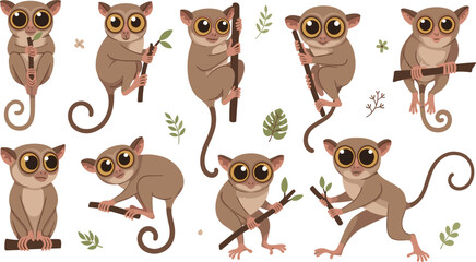 Tarsier Vector Illustration Set Featuring Cute Big Eyed Nocturnal Primates in Climbing, Sitting, and Holding Branch Poses for Tropical Wildlife Designs. © MstSuborna