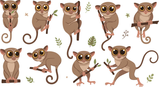Tarsier Vector Illustration Set Featuring Cute Big Eyed Nocturnal Primates in Climbing, Sitting, and Holding Branch Poses for Tropical Wildlife Designs.