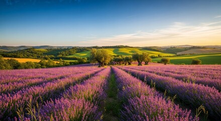 Obraz premium Vast Lavender Field with Rolling Hills and Clear Blue Sky at Sunrise