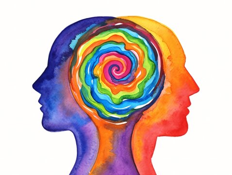 Dualismo psicologico: profili ad acquerello con vortice colorato