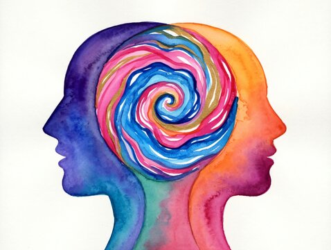 Illustrazione ad acquerello di due profili uniti da un vortice mentale.
