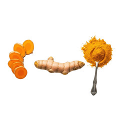 Naklejka premium Fresh turmeric root with orange slices and ground powder, organic curcuma longa spice on spoon, healthy herbal superfood isolated on white background