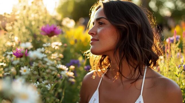 A happy woman on a background of summer wildflowers.