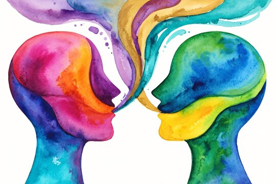 Dialogo creativo tra due profili umani pittura ad acquerello vibrante