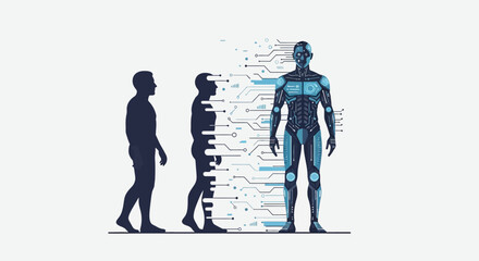 The profound evolution of humanity merging with technology, envisioning future bionic advancements and artificial intelligence integration