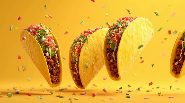 Colorful taco flying crunchy shell Mexican food snack lunch dinner festive vibe