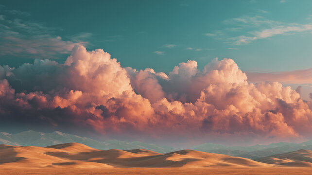 Cumulus clouds over the desert - background pattern. Digital artwork raster bitmap illustration.