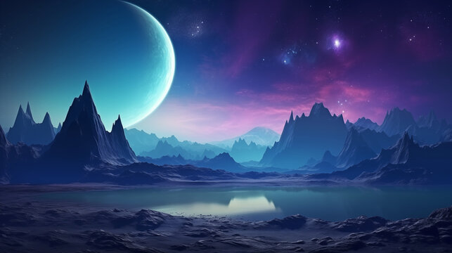 Alien planet fantasy landscape space background. Sci-fi horizontal poster. Science fiction digital raster bitmap illustration. Horizontal format wallpaper.