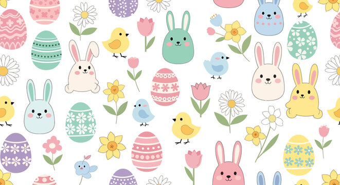 Seamless Pattern of Golden Easter Bunnies and Ornate Eggs on Black Background