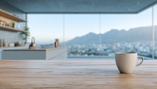 Coffee mug on wooden table with expansive cityscape and mountain view