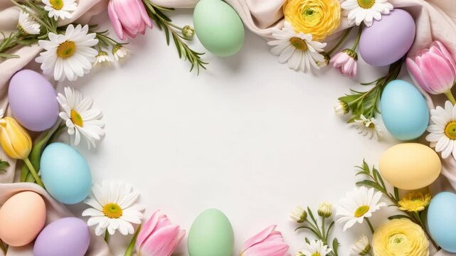 Pastel colored Easter eggs with tulips, daisies and spring flowers arranged in a decorative frame around empty space. Elegant seasonal holiday composition for greeting design.