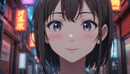 Fototapeta premium Wide Eyed Anime Girl Close Up In A Neon Lit Night Market