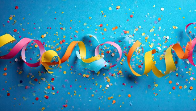 Colorful party streamers and confetti scattered across a bright blue background