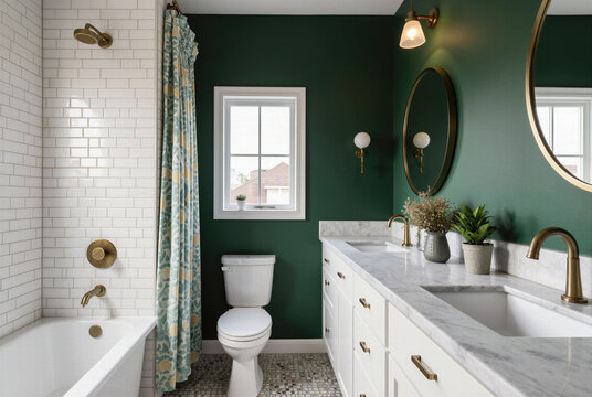 Stylish modern bathroom interior design showcasing striking dark green walls, a classic white bathtub, and elegant gold fixtures for home styling ideas.