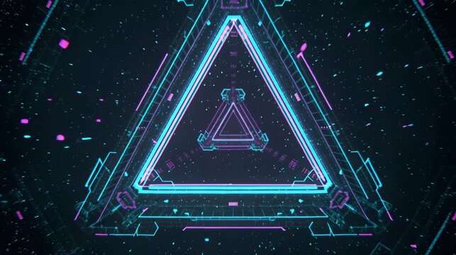 Glowing neon triangle portal with layered geometric frames and floating particles on a dark background, ideal for futuristic technology, gaming and sci fi visuals