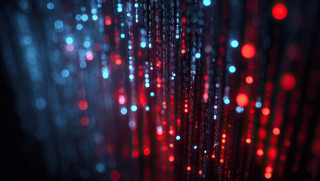Digital rain effect with falling blue and red lights against a dark background