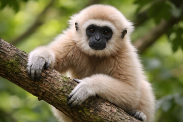 Obraz premium lar gibbon Hylobates lar also known as white-handed gibbon, an endangered primate in gibbon family, Hylobatidae. cute fluffy monkey with long arms and short body