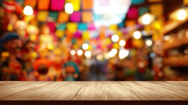 Blank wooden table in foreground, defocused Mexican fiesta backdrop with bright colors and papel picado, suitable for advertising, social media posts, or restaurant menus.