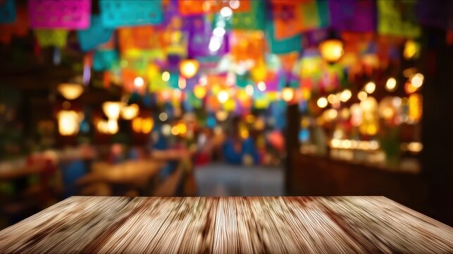 Empty rustic wooden table top with a colorful Mexican fiesta background softly blurred, perfect for product mockups, festive event promotions, or cultural celebration designs.