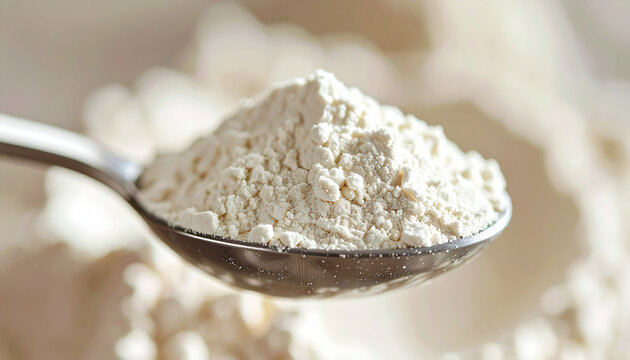 White powder supplement in a scoop, fine texture. Hydrolyzed collagen, health and wellness, dietary supplement, fitness nutrition