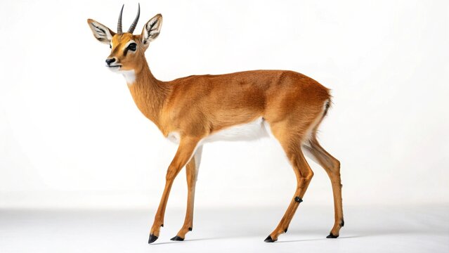 Adult male Oribi antelope (Ourebia ourebi) standing alert, isolated on a pristine white background.