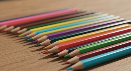 Fototapeta premium Row of colorful pencils on a wooden surface