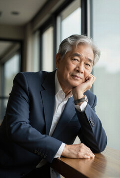 Portrait of a confident and successful mature Asian businessman smiling warmly while sitting at his office desk, representing experienced corporate leadership.