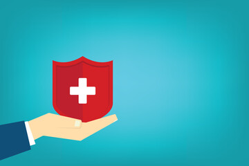 Obraz premium Health Insurance Protection Concept – Hand Holding Medical Shield with Cross Symbol, Healthcare Safety, Medical Coverage, Hospital Care Security Flat Vector Illustration