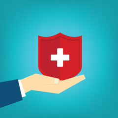 Obraz premium Health Insurance Protection Concept – Hand Holding Medical Shield with Cross Symbol, Healthcare Safety, Medical Coverage, Hospital Care Security Flat Vector Illustration