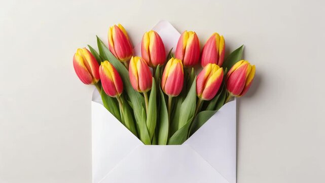 Bright bouquet of red and yellow tulips placed in white envelope on minimal background. Elegant spring greeting card concept for holiday message, invitation or floral gift idea.