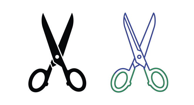 Two pairs of scissors one black and one blue depicted in a simple outline style