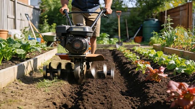 Person using motorized garden tiller to cultivate soil between vegetable beds in backyard garden, home food growing, small scale agriculture, outdoor gardening work and land preparation.