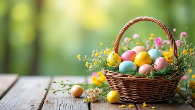 happy easter greeting card template wicker basket with eggs and flowers on rustic wooden table