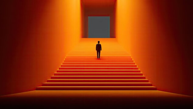 Silhouette of a man standing on bright orange stairs leading to a dark opening