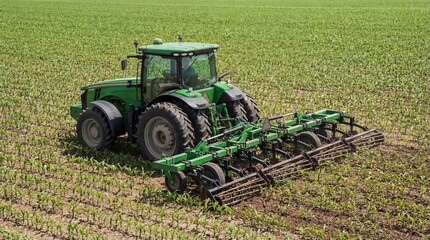 Fototapeta premium Tractor cultivating rows of crops in green agricultural field 